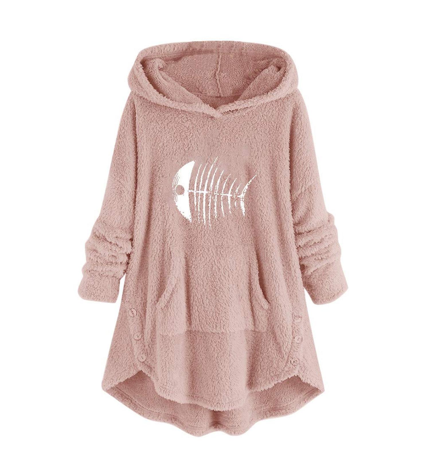 Bigfanshu Women's Sweaters Cartoon Embroidery Plus Size Warm Hooded Top Button Sweater Blouse Shirts Pink - Buy Online on GoSupps.com