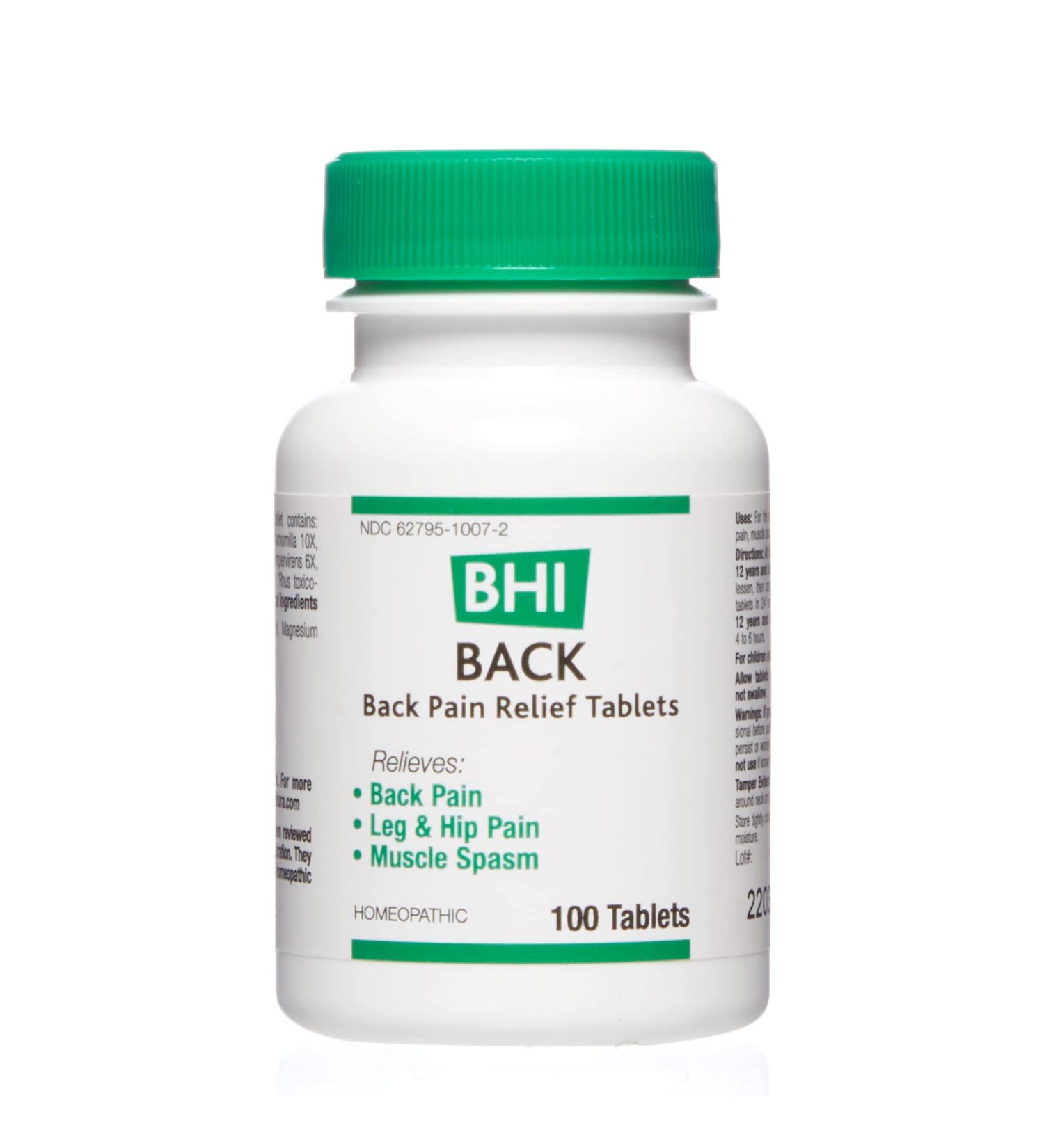 BHI Back Natural Pain Relief Tablets - 6 Active Homeopathic Ingredients for Back, Hip & Leg Pain - Calms Muscle Tightness & Spasms - 100 Tablets - Buy Online on GoSupps.com