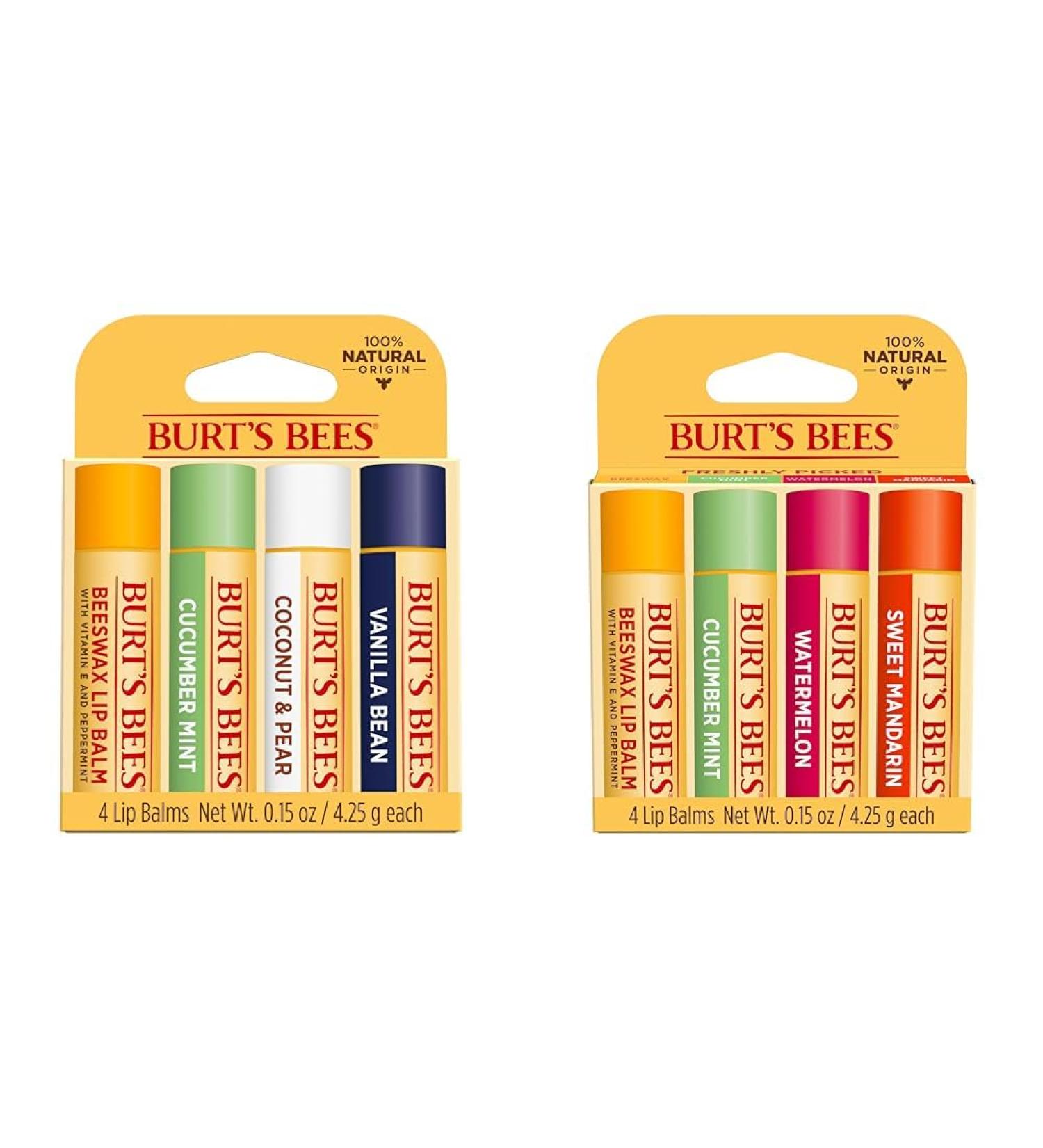 Burt's Bees Lip Balm Stocking Stuffers Moisturizing Lip Care Christmas Gifts Sweet Sorbet & Beeswax Cucumber Mint Watermelon and Sweet Mandarin Lip Balm Pack