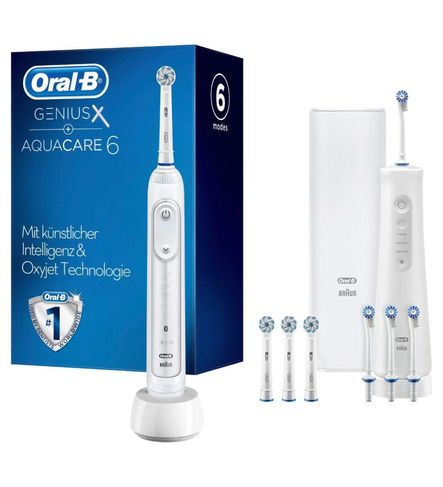 Oral-B Genius X Electric Toothbrush Set with Aqua Care Shower 4 Brushes & Replacement Nozzles - Ultimate Dental Care Solution - Buy Online on GoSupps.com