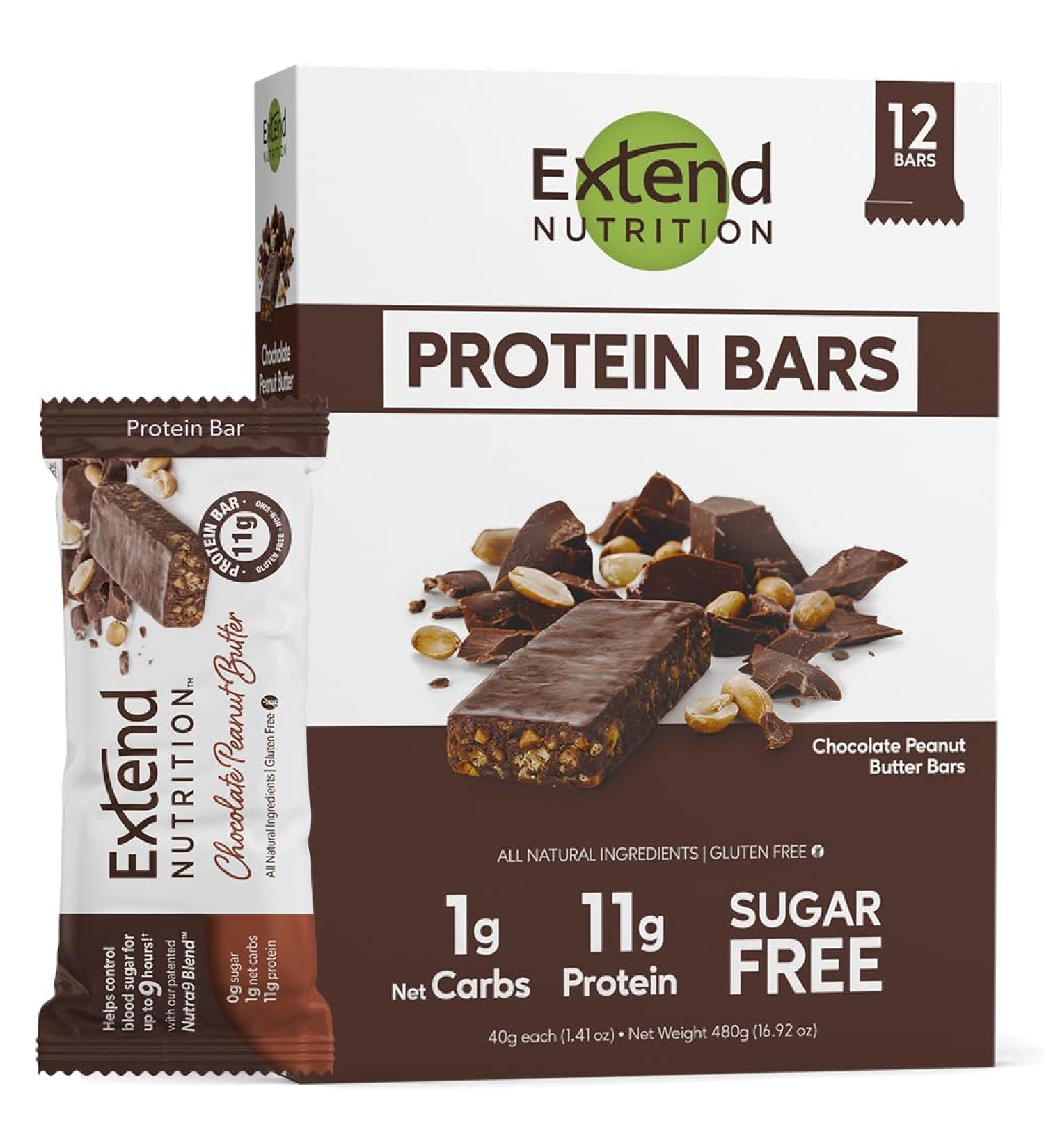 Extend Sugar Free Protein Bars, Perfect Diabetic Snacks, High Protein and Fiber, Hunger Control & Steady Energy, Low Carb, Keto Friendly, Chocolate Peanut Butter, 12 Count - Buy Online on GoSupps.com
