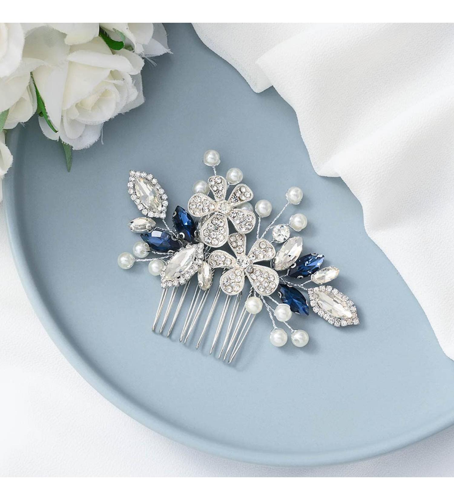 Blue Crystal Bride Wedding Hair Comb - Pearl Rhinestone Bridal Hair Piece for Women and Girls - Buy Online on GoSupps.com