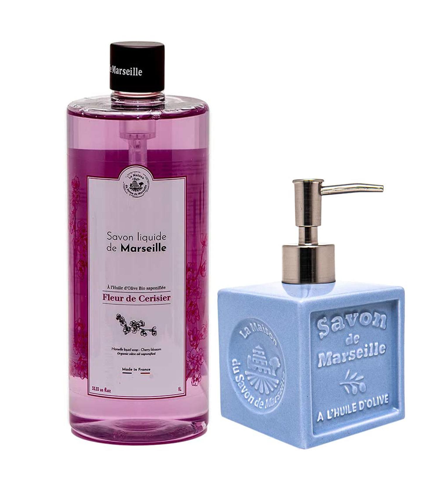 Maison Du Savon De Marseille Cherry blossom liquid soap with blue ceramic soap dispenser 1 liter refill and 300 milliliter dispenser - Buy Online on GoSupps.com