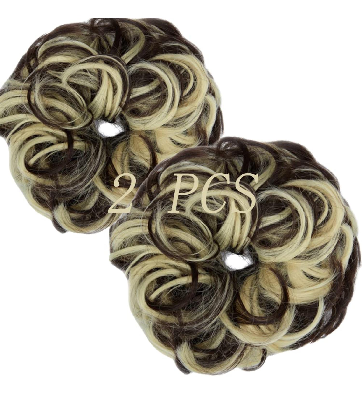 Messy Bun Hair Piece Scrunchies - Dark Brown Mix Bleach Blonde (2 PCS) | Curly Wavy Updo Hair Extension Chignon Ponytail Accessories for Women and Girls - Buy Online on GoSupps.com