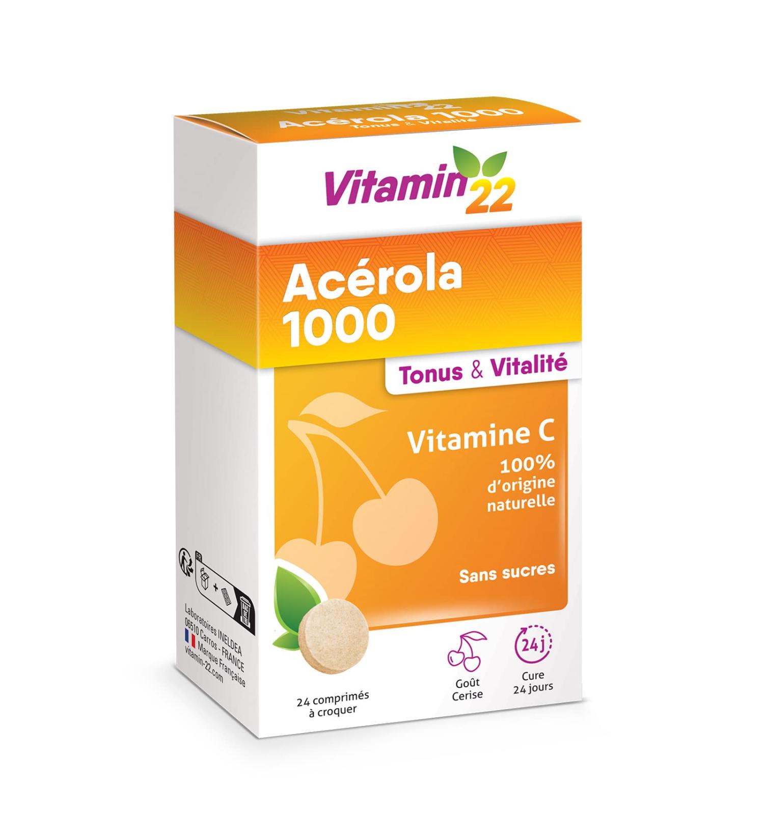 VITAMIN'22 - Acerola 1000 - Compl ment alimentaire base d'Ac rola- Vitamine C 100% d'origine naturelle - Sans sucre - Sans gluten - Go t Cerise - Cure de 24 jours - Buy Online on GoSupps.com