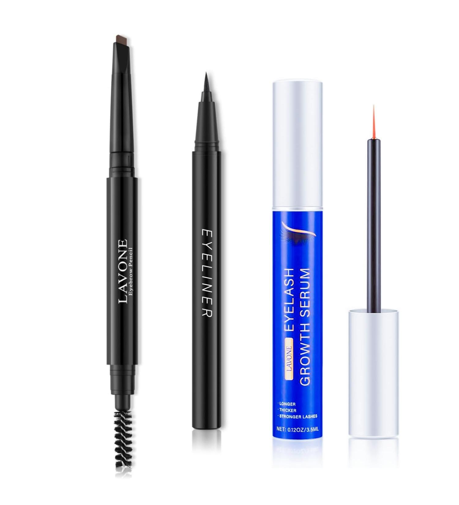 LAVONE Waterproof Eyebrow Pencil - Triangular Tip Dual-Sided Brush Perfect for Natural Brows | Dark Brown Eyeliner & Serum Included - Buy Online on GoSupps.com