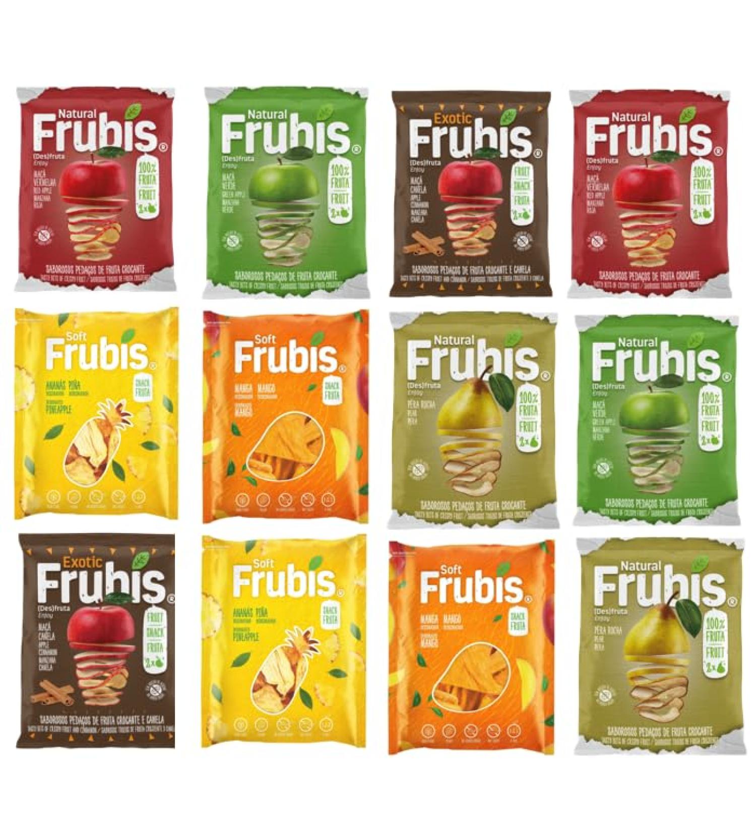 Frubis Tasty Bits Of Crispy Fruit Snacks | 2 x Red Apple | 2 x Green Apple | 2 x Apple and Cinnamon | 2 x Pear | 2 x Mango | 2 x Pineapple - 12 Pack - Buy Online on GoSupps.com