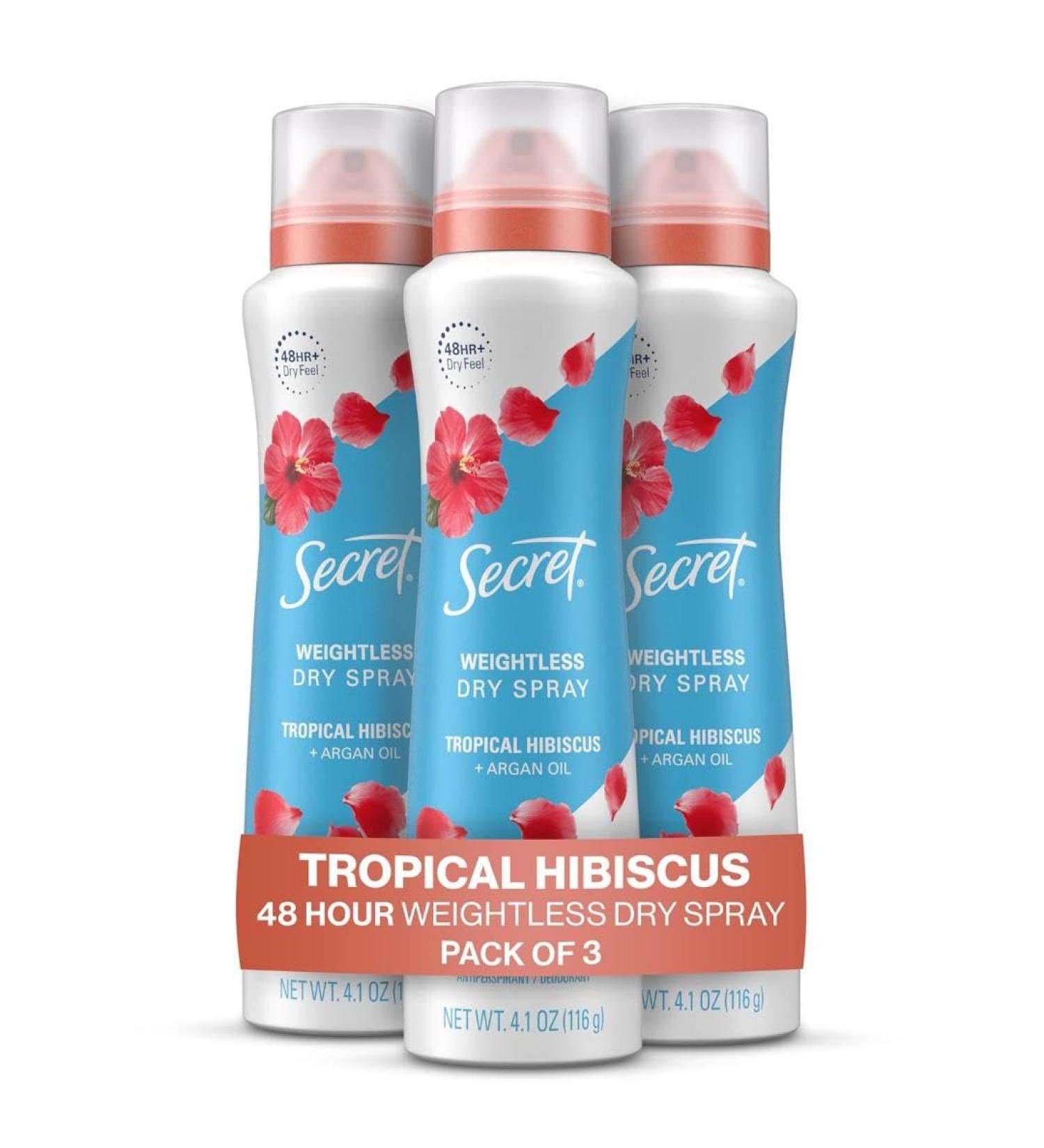 Secret Dry Spray Antiperspirant Deodorant for Women 48hr Weightless Sweat & Odor Protection Gentle on Skin Tropical Hibiscus Scent 4.1 oz (Pack of 3) Tropical Hibiscus 4.1 Ounce (Pack of 3) - Buy Online on GoSupps.com