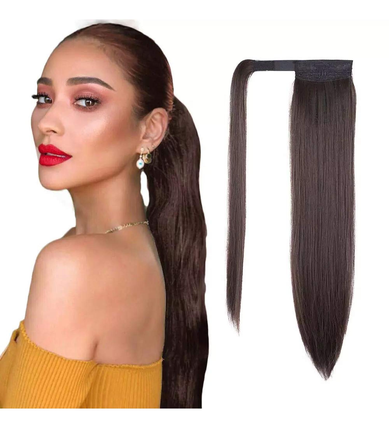 Ponytail Extension Human Hair - 61 cm Remy Clip-In Wrap Around Extensions for Women in Dark Brown - Buy Online on GoSupps.com