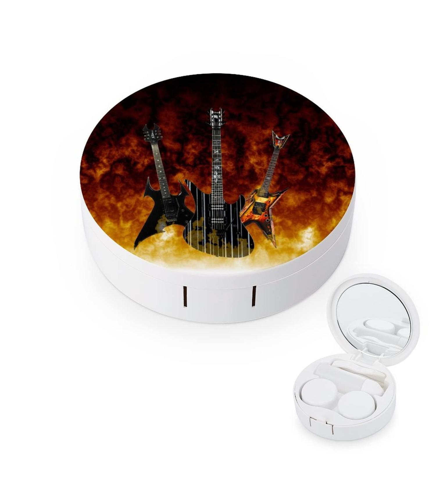 Guitar On Fire Round Case For Contact Lens Kit Storage Box with Mirror Printed - Buy Online on GoSupps.com