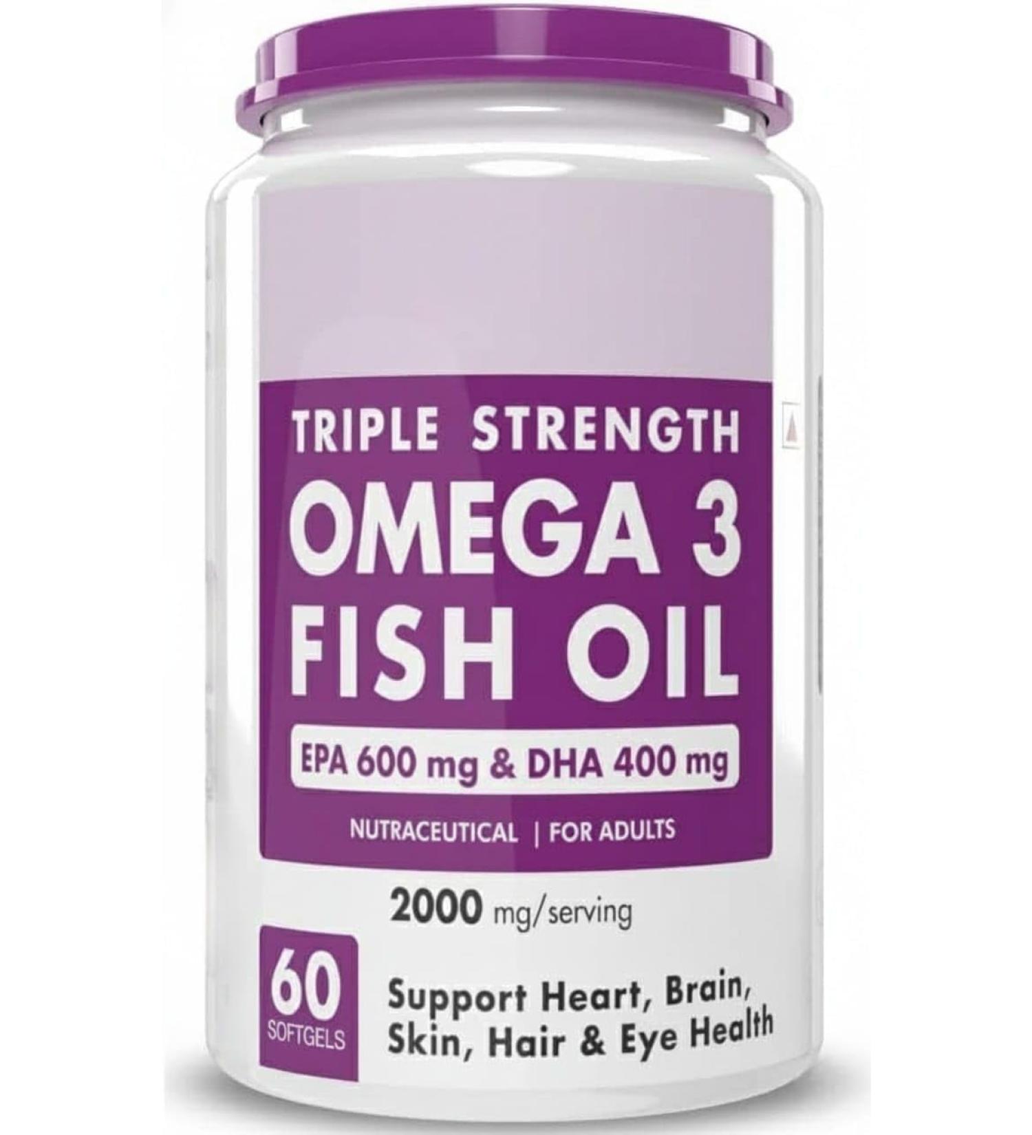 Omega 3 Fish Oil | Omega 3 Fish Oil Capsules for Women and Men | Triple Strength Fish Oil | Burpless EPA 600 - DHA 400 Supplement 60 Softgel Capsules - Buy Online on GoSupps.com