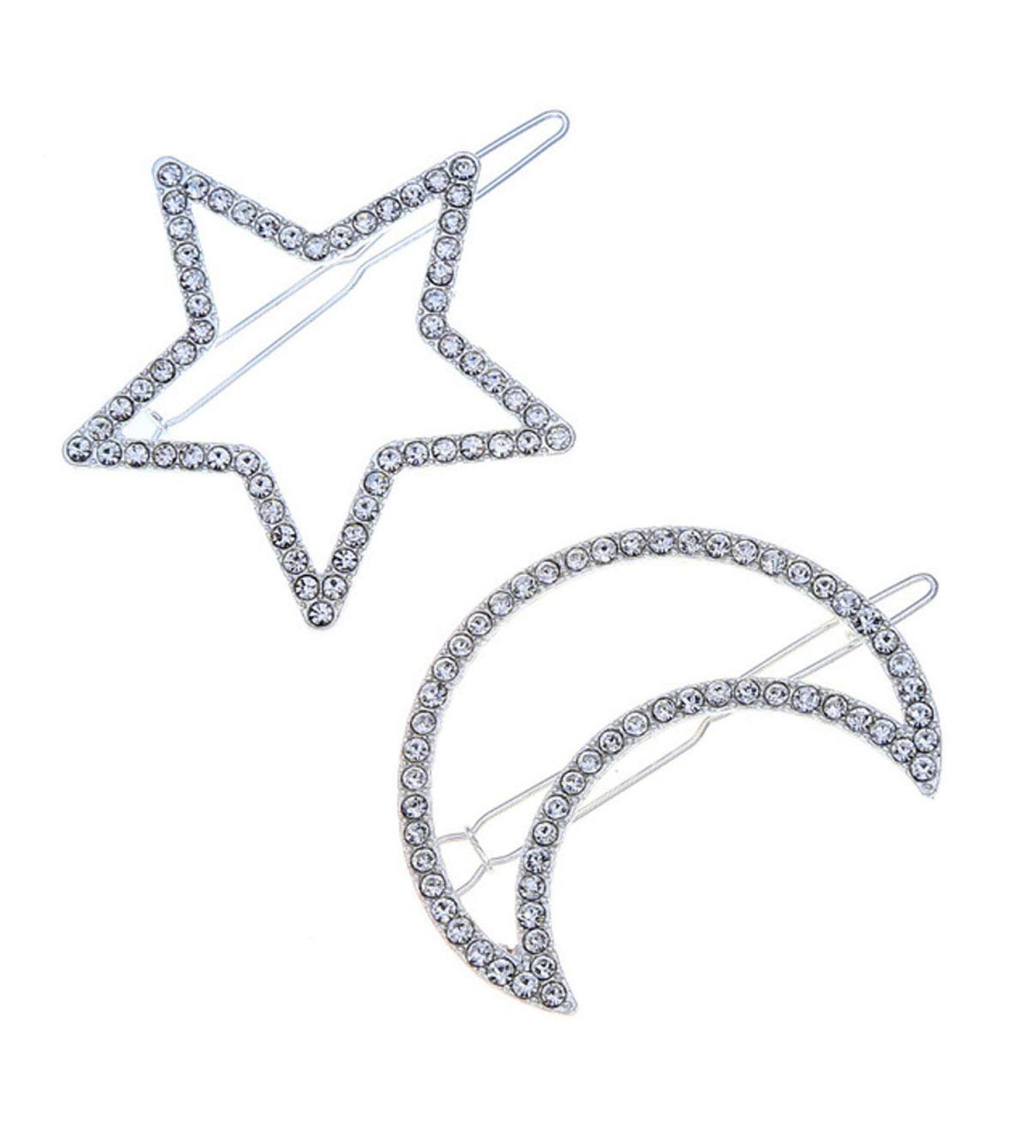 Silver Rhinestone Crystal Geometric Stars Moon Hair Clip Set - Fashion Woman Hollow Side Barrettes Hairpin Accessories - Buy Online on GoSupps.com