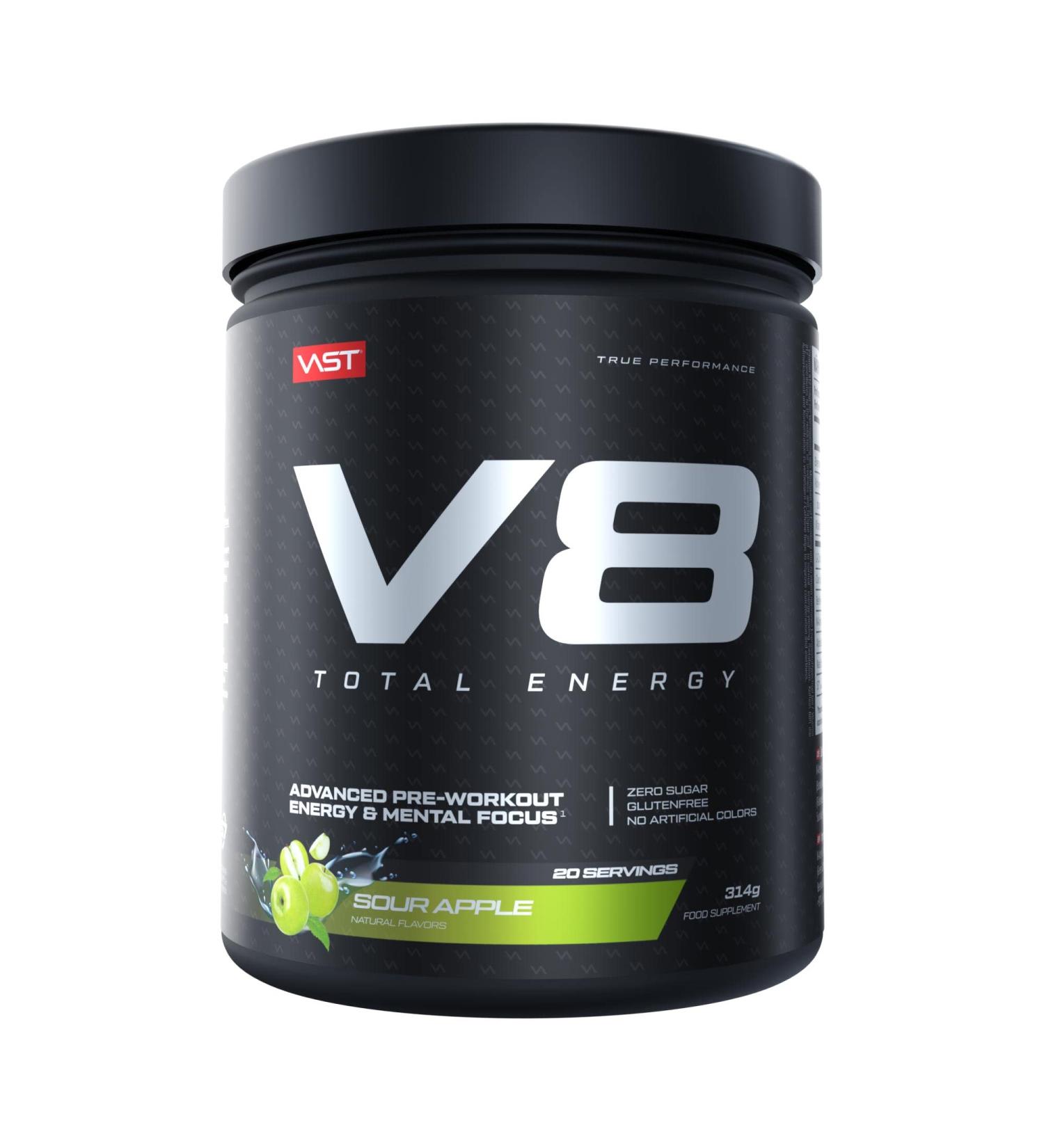 VAST Sports V8 Total Energy Pree Workout Booster Training booster CarnoSyn BetaPower natural caffeine vegan sugarfree 20 servings Made in Germany Sour Apple - Buy Online on GoSupps.com