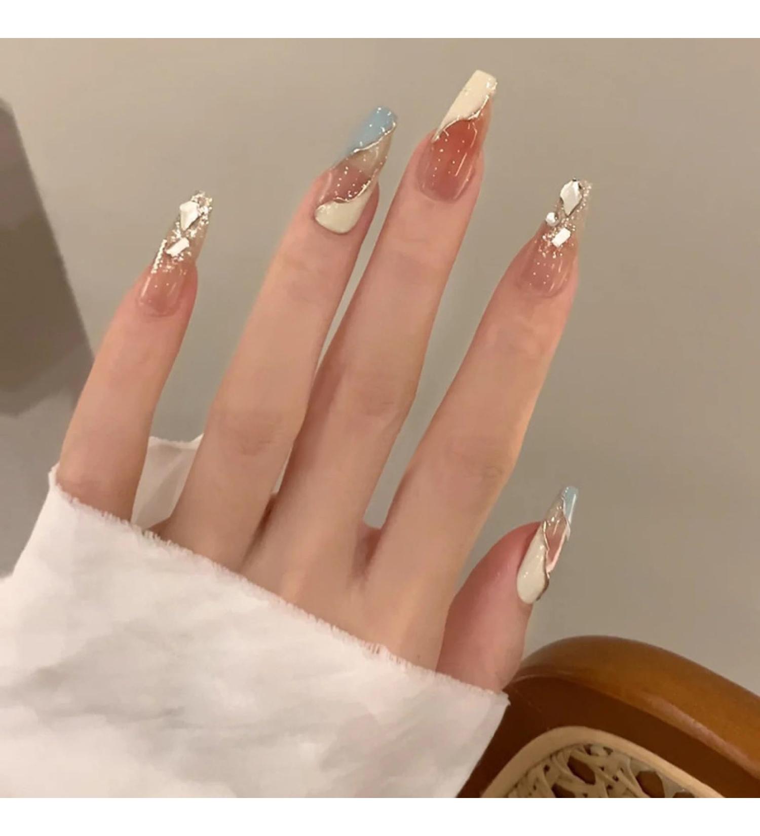 Three Boxes of Fake Nails Purely Handmade Gilt Wearable Short Aurora Diamond Manicure Xiaohongshu Finished Nail Stickers By781 Silver Pattern Three Points