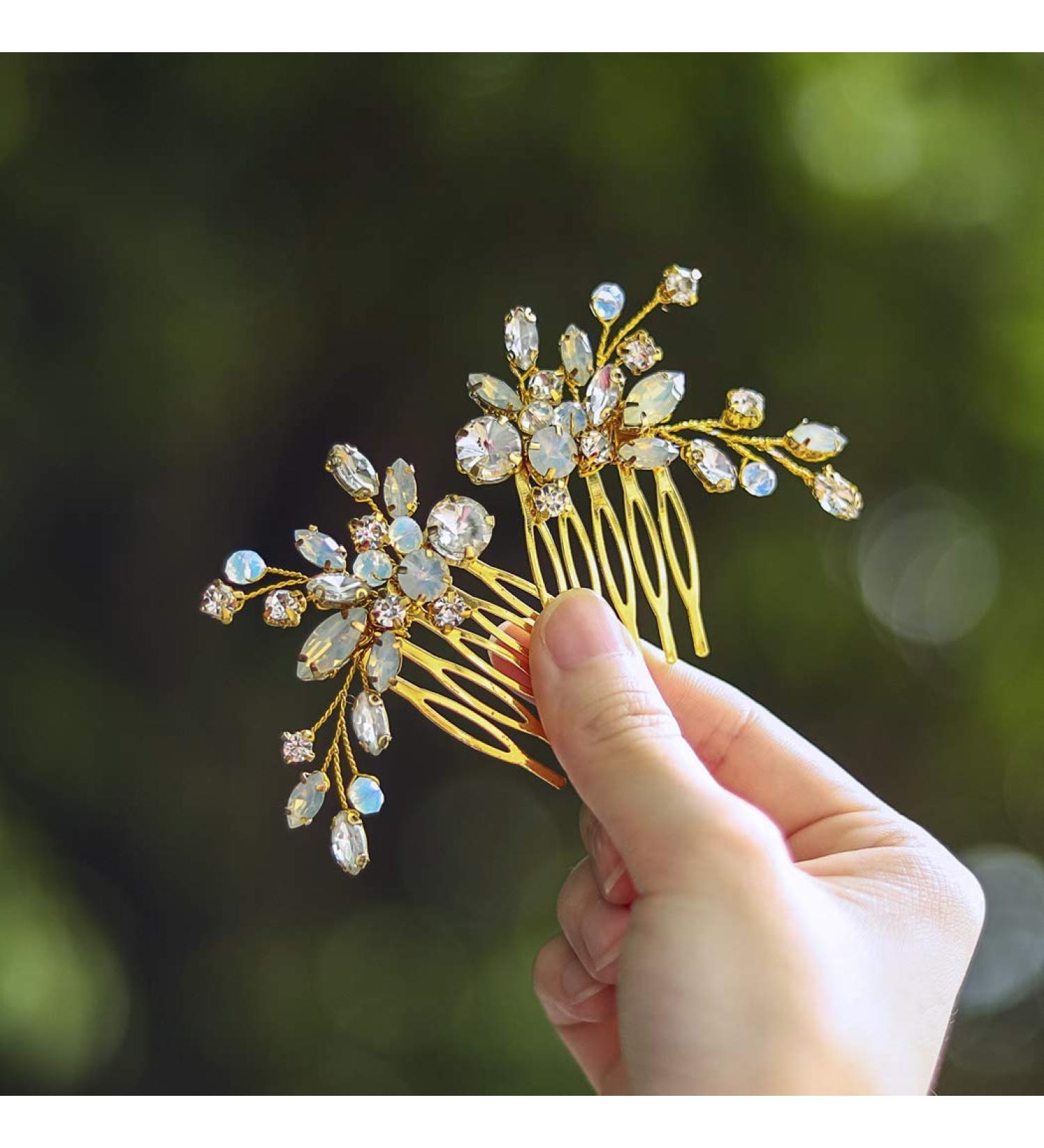 Yean Crystal Bridal Hair Comb Opal Rhinestone Wedding Hair Accessories (2 Pcs) - Gold - Buy Online on GoSupps.com