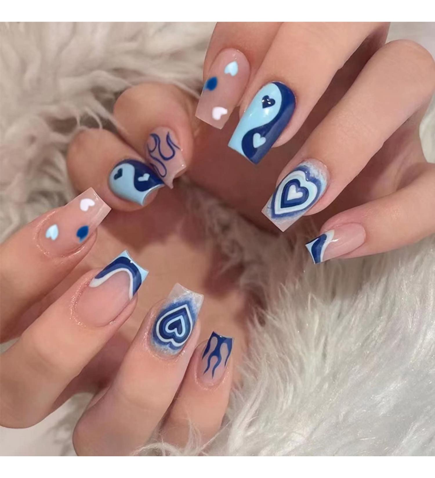 Blue Heart Flame Press On Nails - Medium Size, Acrylic Nude Design for Women and Girls by RUNRAYAY - Buy Online on GoSupps.com
