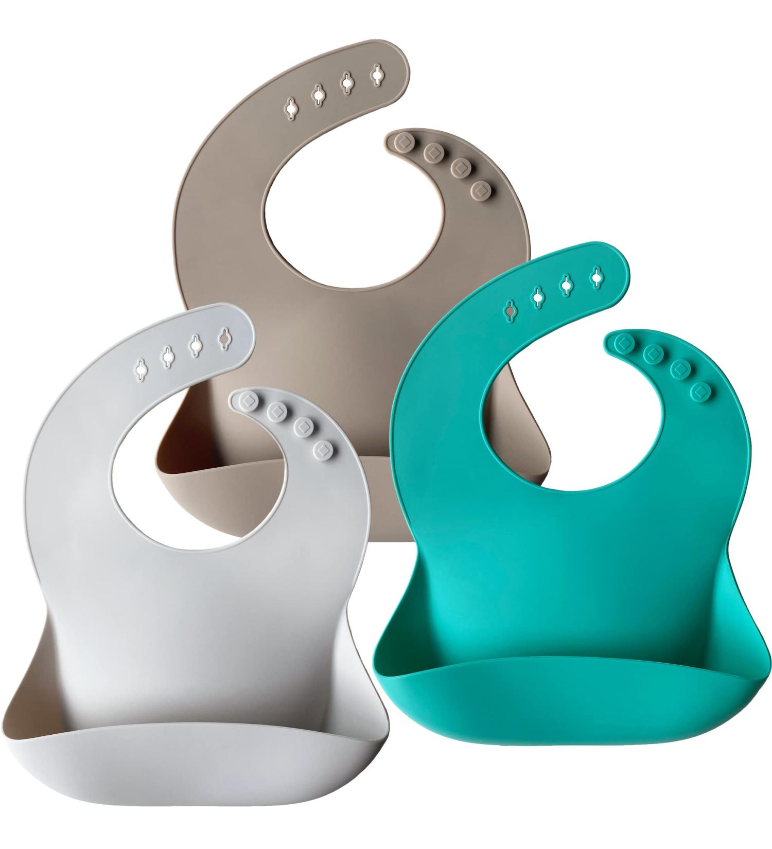 Moonkie 3Pcs Silicone Baby Bibs Set - Waterproof, BPA Free, Adjustable with Food Crumb Catcher Pocket (Kallaite/Lunar Grey/Offwhite) - Buy Online on GoSupps.com