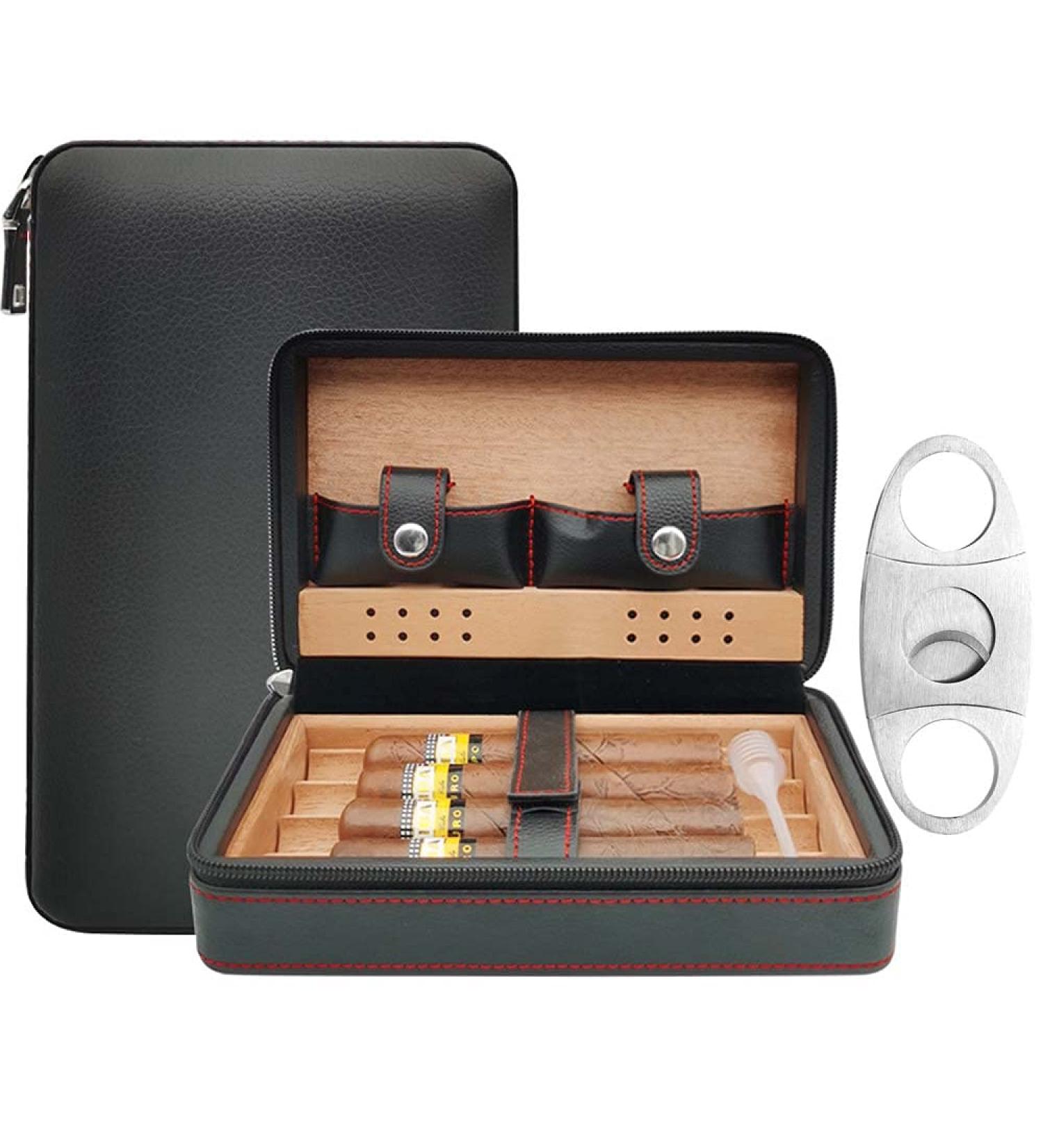 Cigar Case 4-Finger Portable Travel Leather Cigar Humidor with Cigar Cutter Cigar Box Father's Day Birthday Gift Cigar Accessories Black(Not including cigar) - Buy Online on GoSupps.com