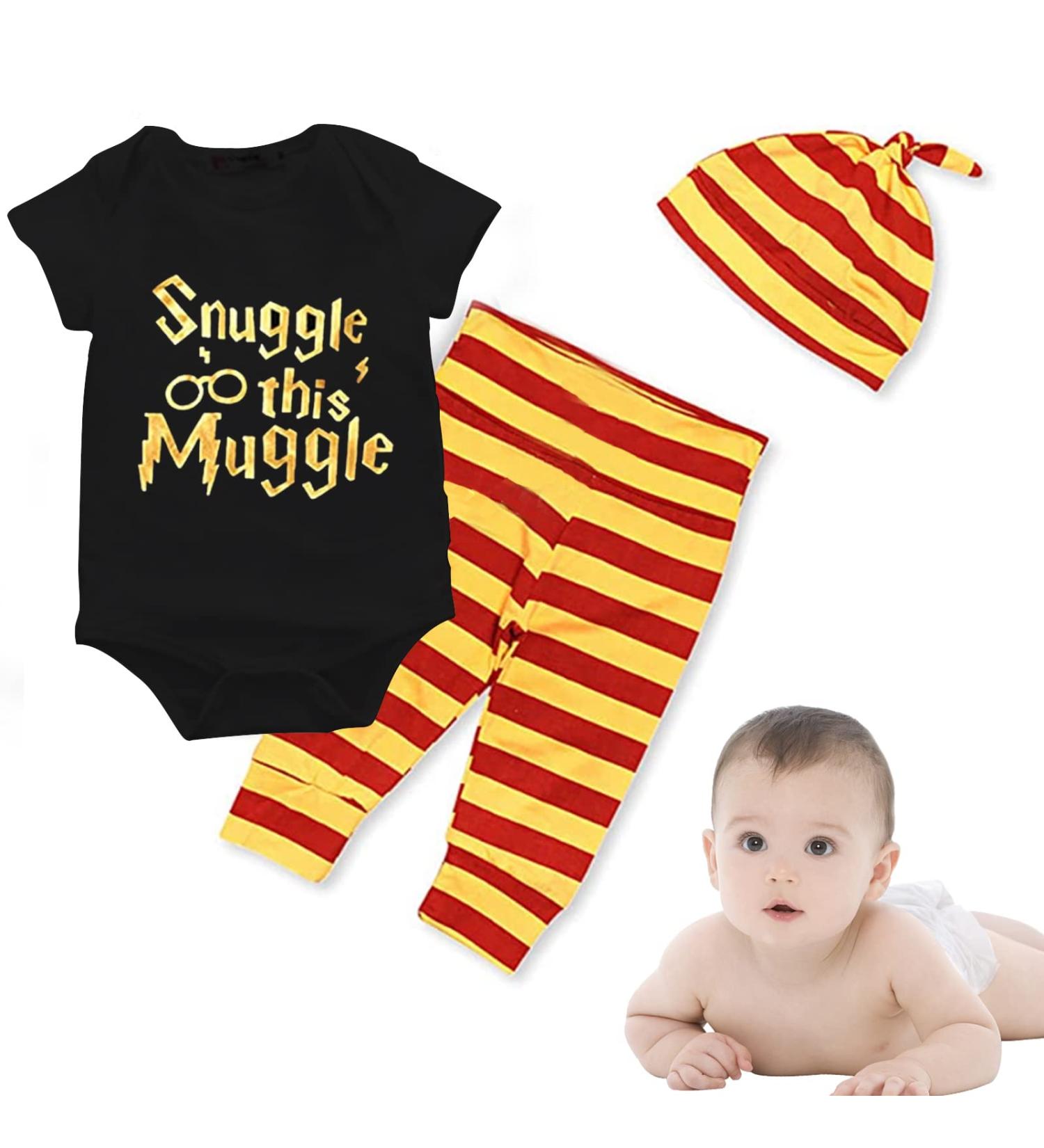 Baby Boys Girls Snuggle This Muggle Bodysuit Set 6-9 Months | Black Short Sleeve Outfit with Striped Pants & Hat - Buy Online on GoSupps.com
