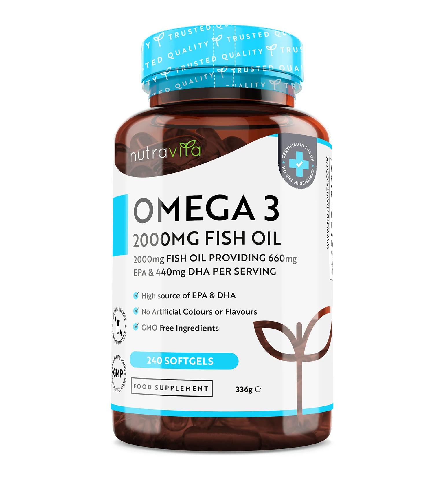 Nutravita Omega 3 Fish Oil 2000mg | High EPA & DHA | 240 Softgels | Sustainably Sourced | Made in UK - Buy Online on GoSupps.com