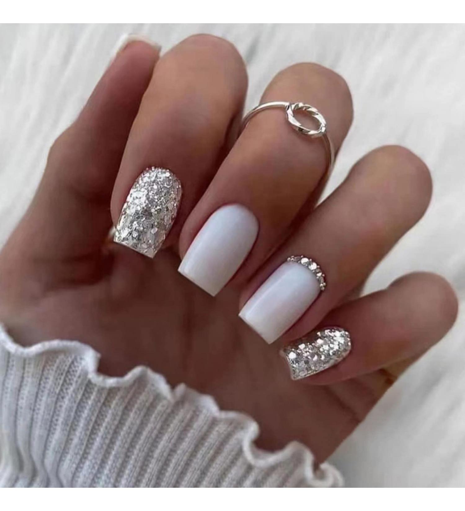 Justotry 24-Piece Silver Glitter Press-On Nails | Angular Medium Fake Nails with Diamonds | Milky French Design | Short Square Artificial Nails for Women - Buy Online on GoSupps.com