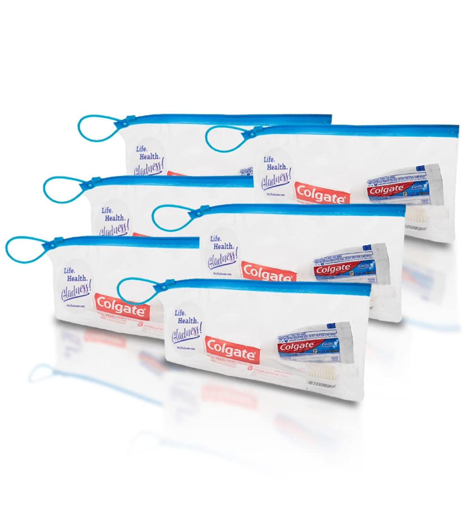 Gladness! Toothpaste Toothbrush Travel Kit Bulk Bundle Includes: Colgate Cavity Protection .85 Oz | Colgate Individually Cello-Wrapped Soft Toothbrush | TSA Approved Clear Zip Pouch (6)