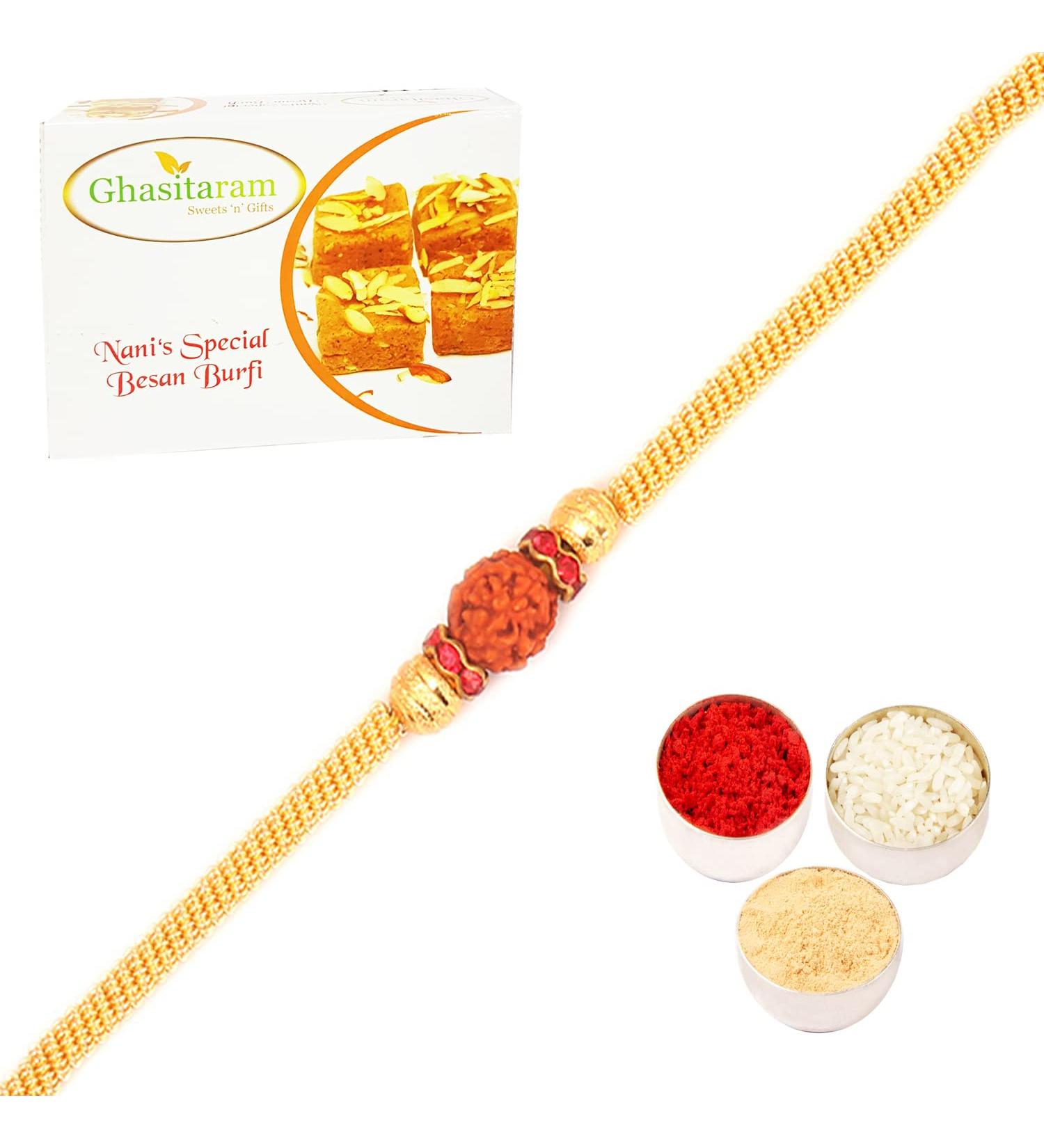 Ghasitaram Gifts Rakhi for Brother Rakhis Online - R50016 - Bracelet Rakhi with 200 GMS of Besan Barfi Rakhi Set with 200 gms of Besan Barfi - Buy Online on GoSupps.com
