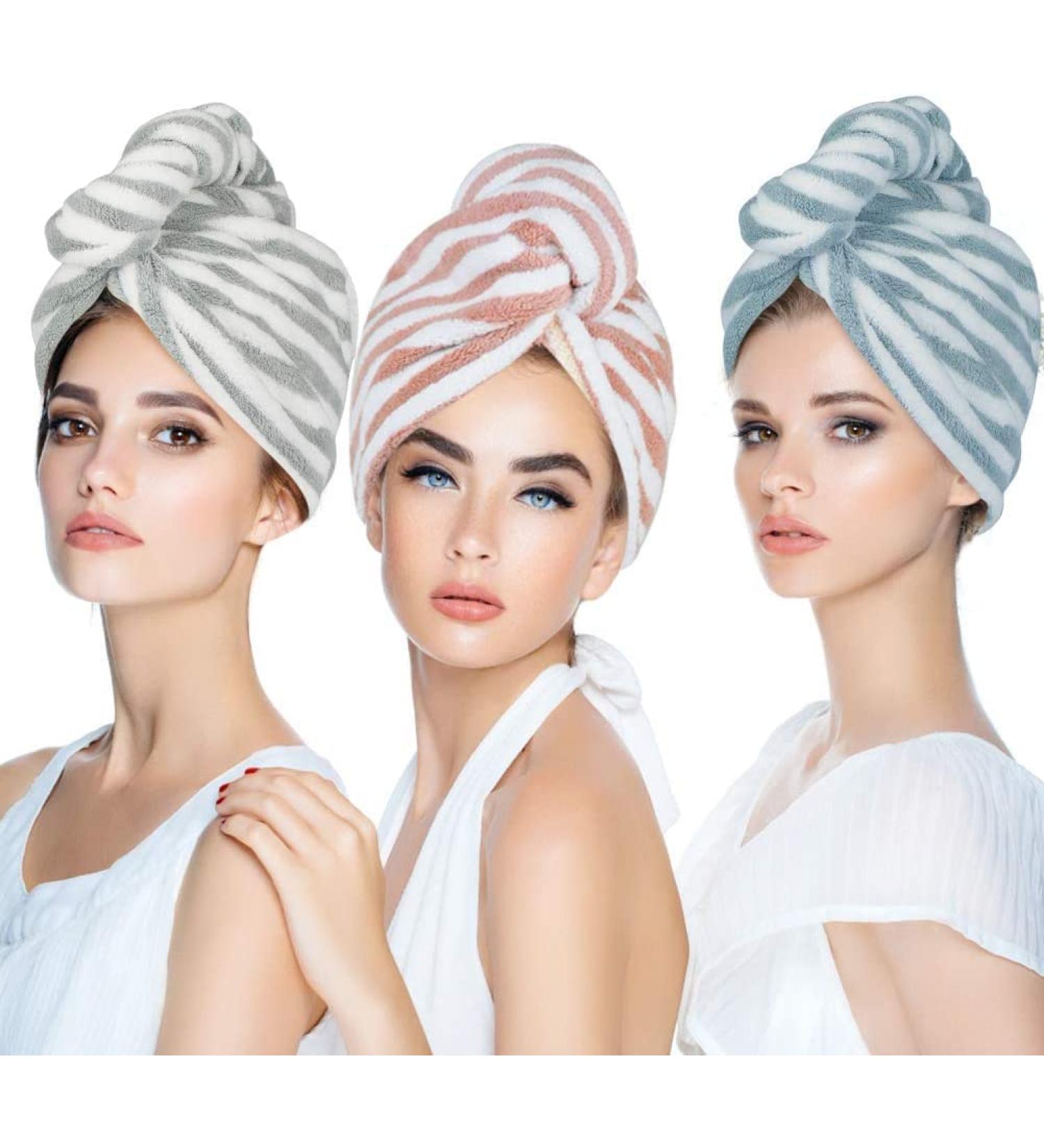 3 Pack Ultra Soft Hair Towel Wraps for Women - Anti-Frizz, Super Absorbent, Perfect for Curly, Long & Thick Hair - Pink, Blue & Grey - Buy Online on GoSupps.com