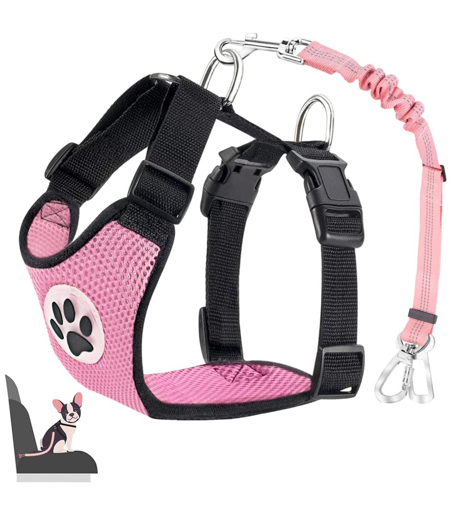 Eyin Dog Harness with Safety Belt for Car - Adjustable & Breathable - Pink XS - 2 Carabiner Hooks & Seat Belt Buckle - Buy Online on GoSupps.com