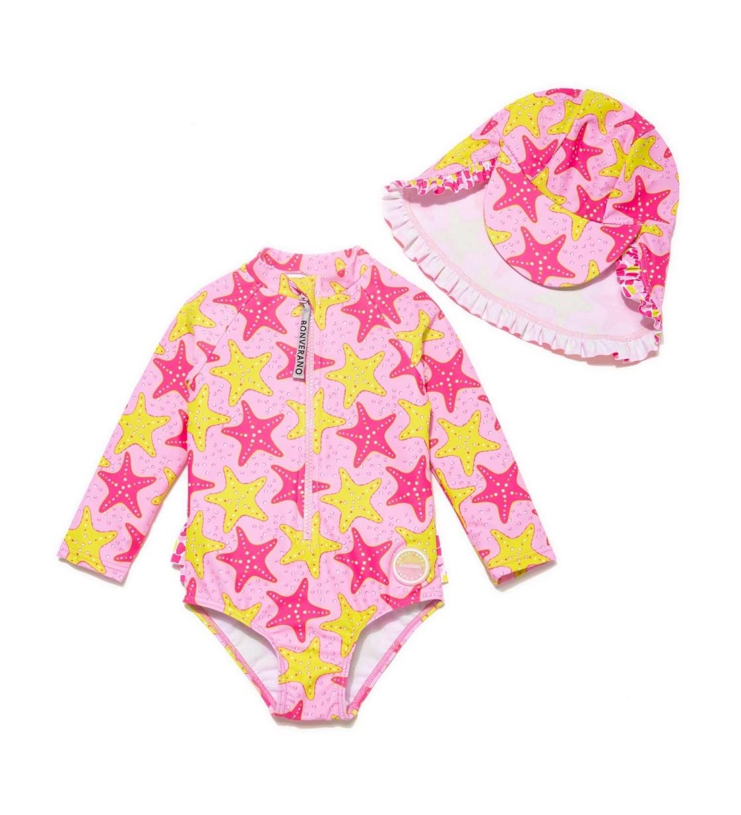 BONVERANO Baby Girls Swimsuit UPF 50+ Long-Sleeve Zipper One Piece - 9-12 Months Star Fish - Buy Online on GoSupps.com