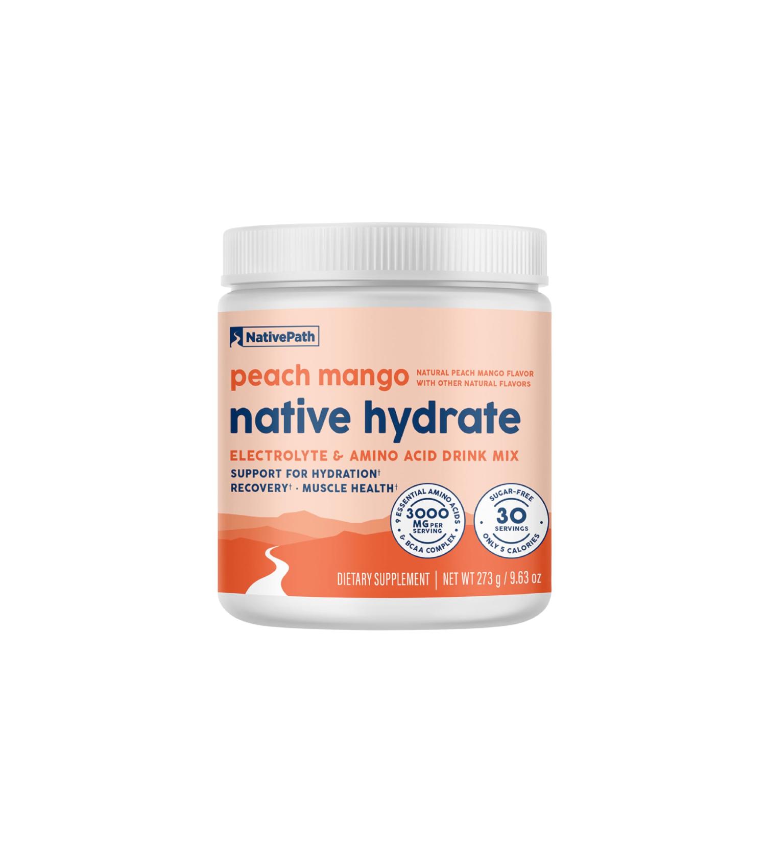 NativePath Native Hydrate - Zero Sugar Electrolytes Powder with BCAAs - Peach Mango Flavor - Keto & Paleo Friendly - 30 Servings - International Shipping Available - Buy Online on GoSupps.com