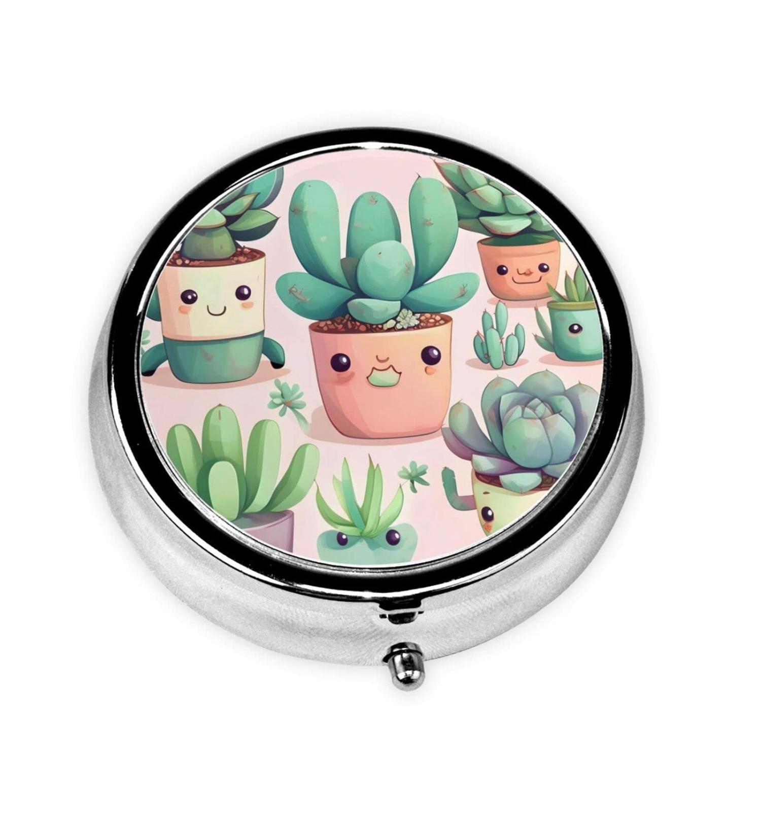 Lovely Succulent Plants Round Pill Box - 3 Compartment Travel Organizer for Medications - Buy Online on GoSupps.com