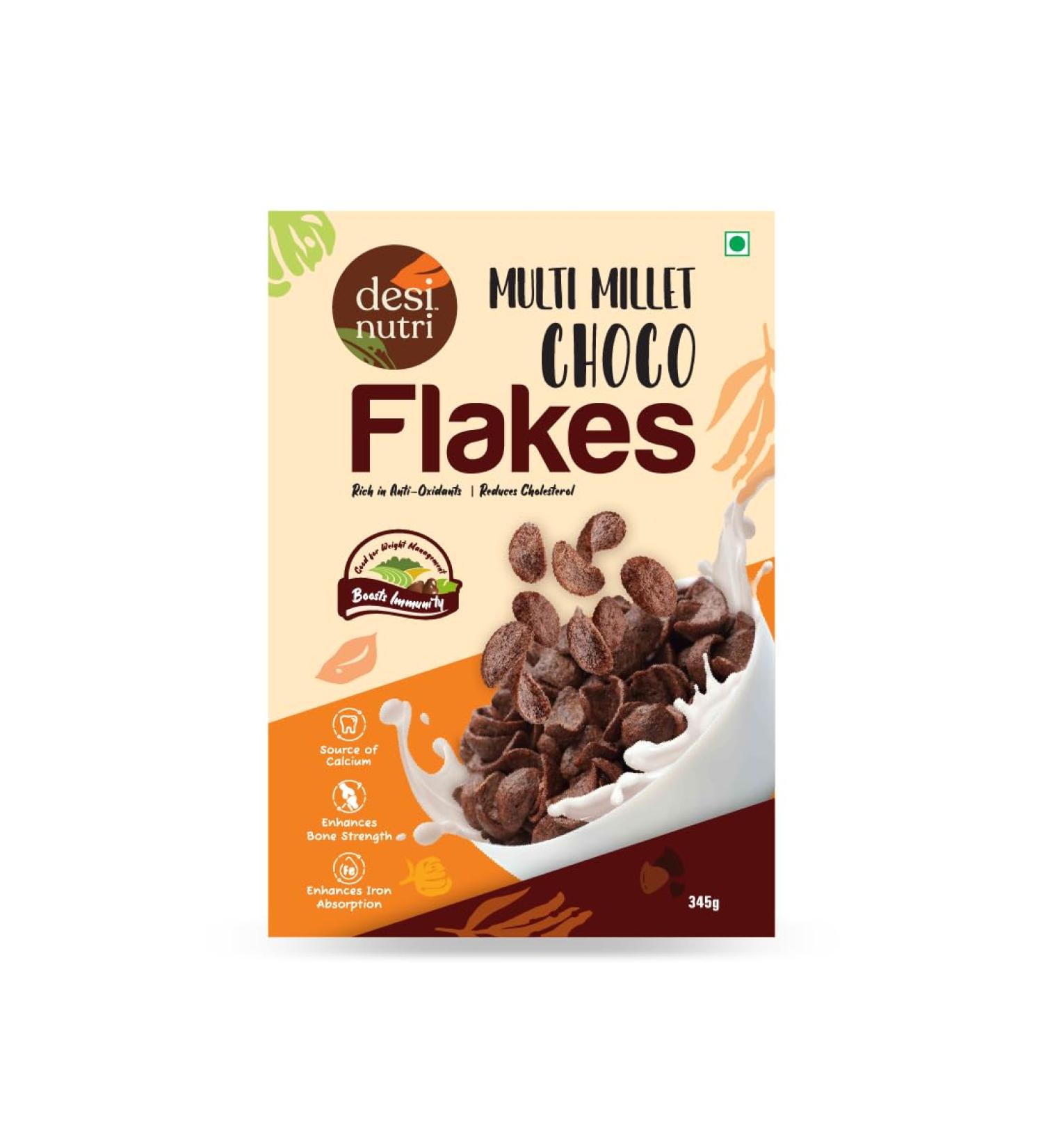 Desi Nutri Multi Millet Health Choco Flakes | Ready to Eat Choco Flakes | Millet Choco Flakes | Choco Flakes - 345 gms | Rich in Iron & Calcium - Buy Online on GoSupps.com