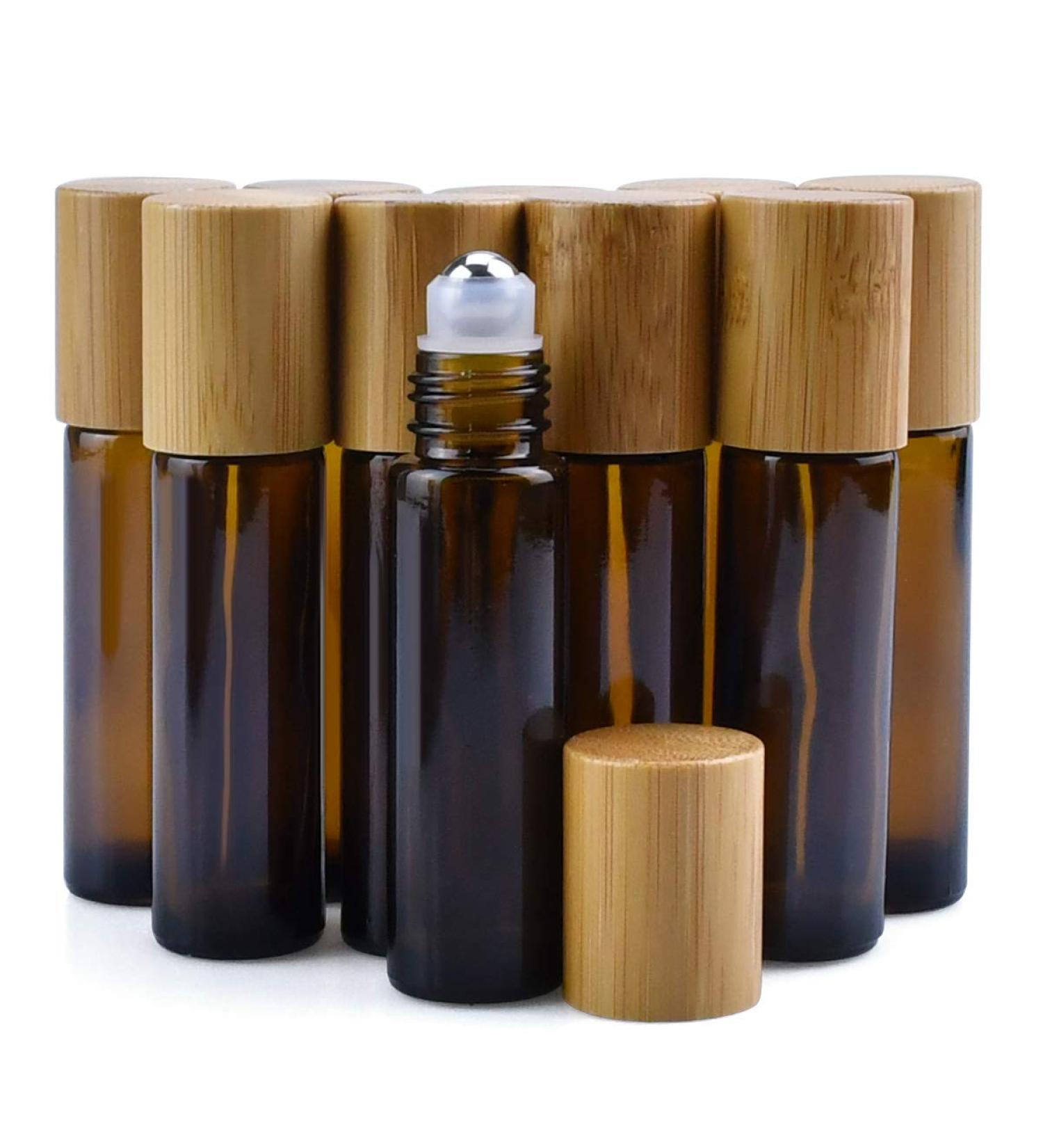 10pcs 10ml Glass Roller Bottles with Bamboo Lid - Aromatherapy Travel Perfume Bottles - Buy Online on GoSupps.com