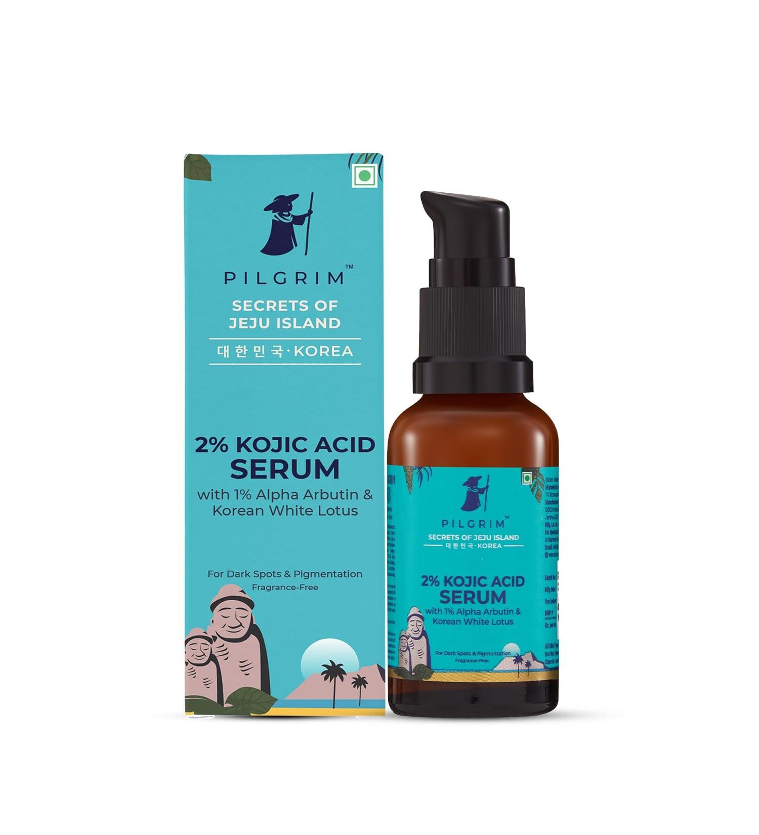 Pilgrim 2% Kojic Acid Serum for face (30 ml) with 1% Alpha Arbutin & Korean White Lotus For Acne & Darks spots| Anti-pigmentation Face Serum For Men & Women | For All Skin Types - Buy Online on GoSupps.com