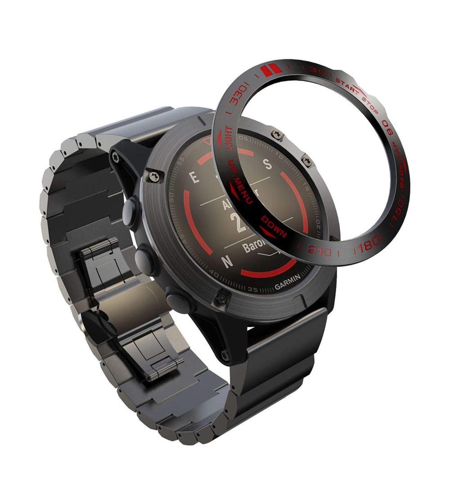Abanen for Fenix 5X/Fenix 5X Plus Watch Bezel  Stainless Steel Polished Adhesive Cover Anti-Scratch Protector Cover Ring for Garmin Fenix 5X/Fenix 5X Plus (Black-red) - Buy Online on GoSupps.com