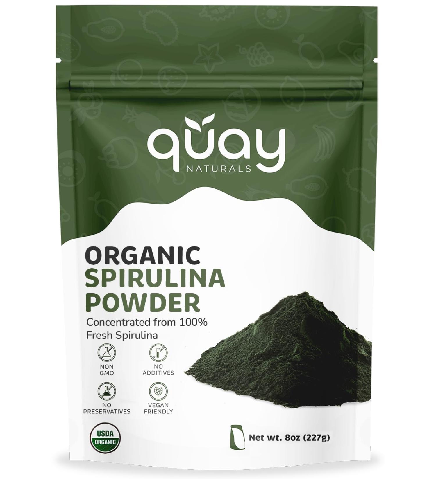 Quay Naturals Organic Spirulina Powder 8oz Non-GMO Gluten-Free Vegan Plant-Based Protein Iron-Rich Spirulina Powder for Smoothies - Buy Online on GoSupps.com