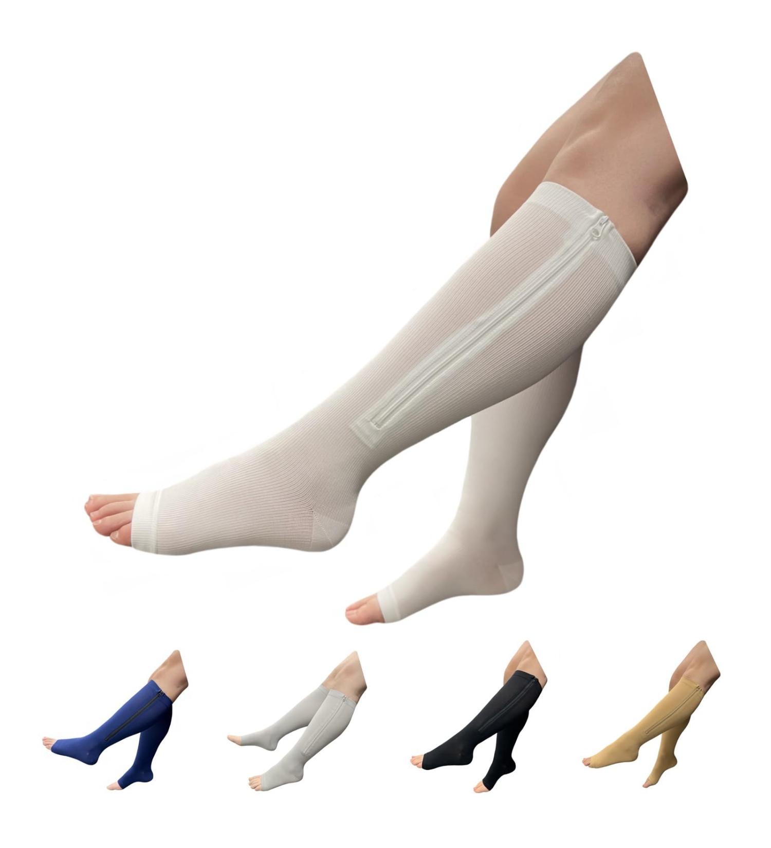Seniors Care 15-20 mmHg Zipper Compression Leg Calf Open Toe Socks - White Small-Medium | Optimal Support for Swelling & Circulation - Buy Online on GoSupps.com