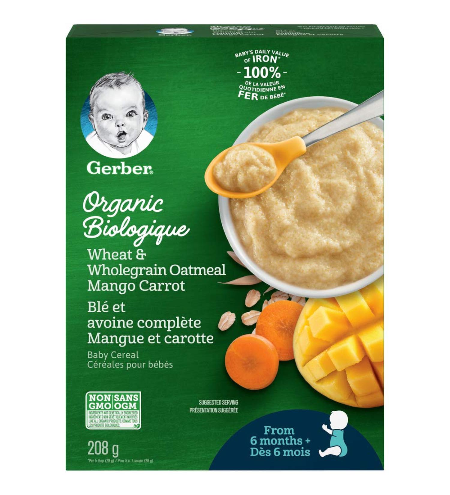 GERBER Organic Cereal Wheat & Wholegrain Oatmeal with Mango Carrot Baby Food Cereals 6+ Months 208 g 6 Pack - Packaging May Vary - Buy Online on GoSupps.com