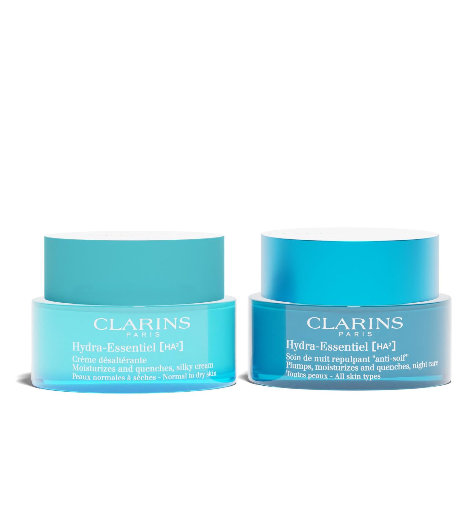Clarins Hydra-Essentiel Silky Cream and Night Cream Intensely Hydrating Bundle | 60 Seconds to Plumper Skin*| 24H hydration**| Daytime Face Moisturizer for Normal to Dry Skin |Contains Hyaluronic Acid - Buy Online on GoSupps.com