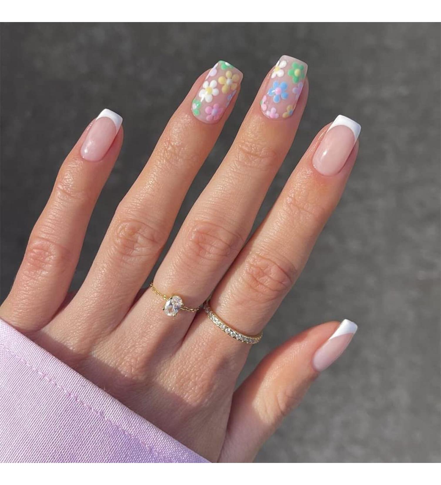 Sethexy French Short Square Fake Nails 24Pcs Glossy Press on Nail Tips - Flower Power Collection - Buy Online on GoSupps.com