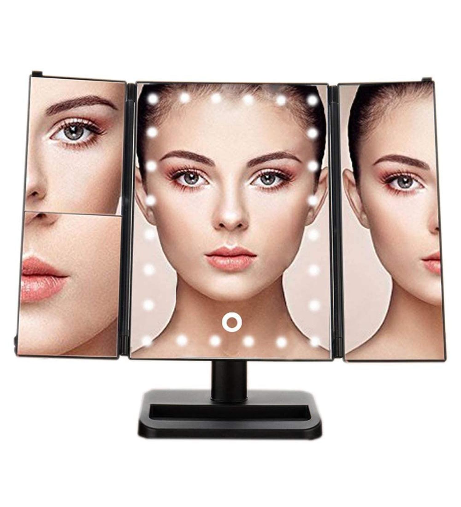 Lighted Trifold Makeup Vanity Mirror with 24 Dimmable LEDs - 1X/2X/3X Magnification for Makeup, Shaving, Dressing Table - Vanity Desk Essential - Buy Online on GoSupps.com