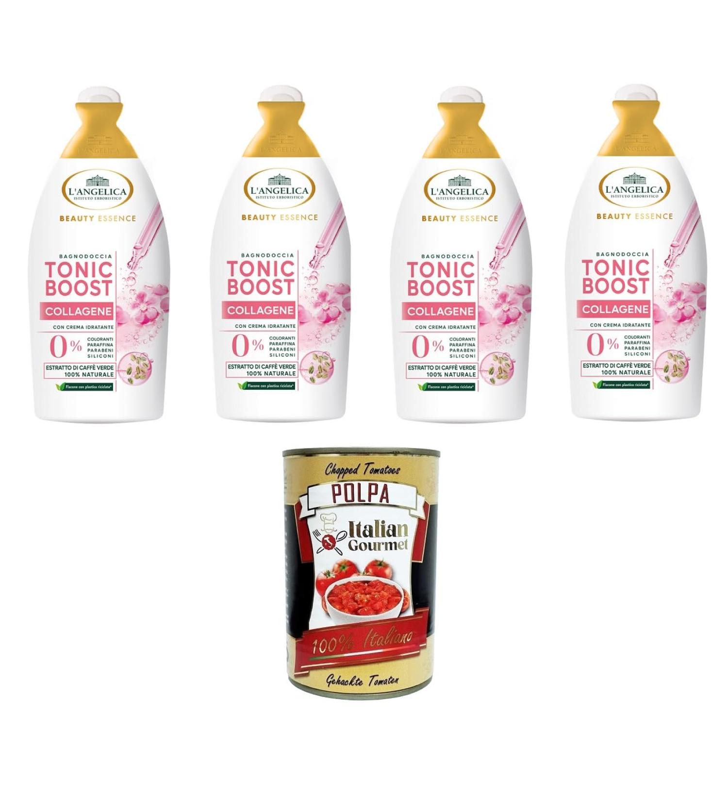 Italian Gourmet E.R. L'Angelica Beauty Essence Body Wash Tonic Boost Collagen with Green Coffee Extracts 4 x 520 ml + Italian Gourmet Polpa 400 g