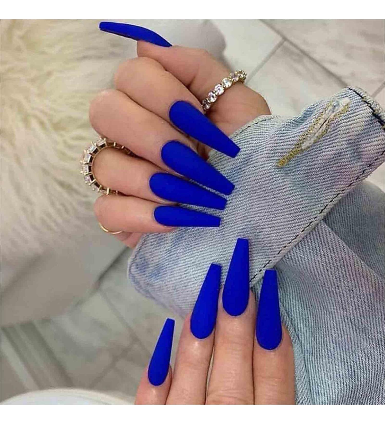 Yheakne Blue Coffin Ballerina Artificial Fingernails - Matte French Design for Women & Girls | 24 Luxury Punk Nails - Buy Online on GoSupps.com