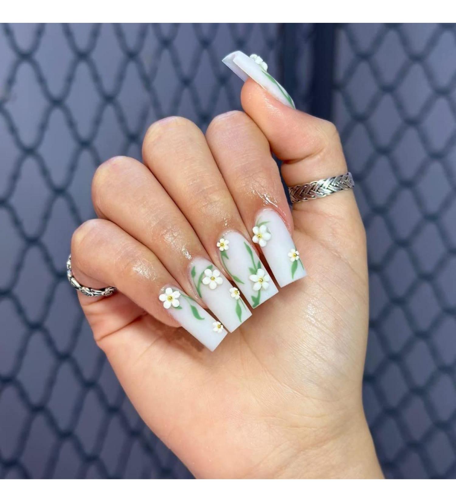 Justotry 24 pcs Floral Fake Nails - Sage Green French Press on Nails with Leaf Patterns | Ballerina Stick on False Nails for Women - Acrylic Coffin Medium Nails with Glue for Nail Art - Buy Online on GoSupps.com