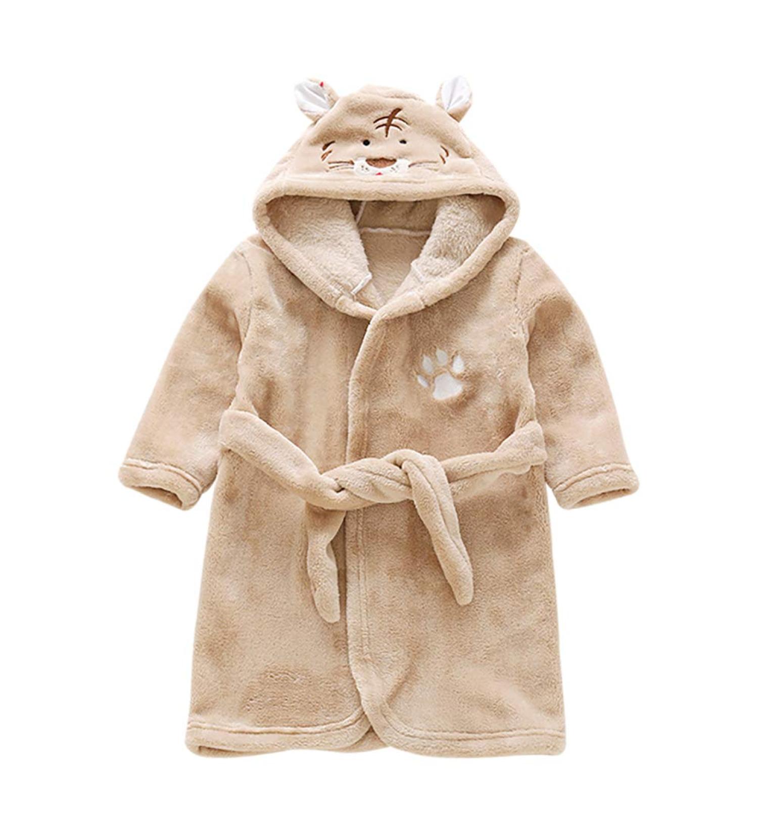 Miyanuby baby boy girls bathrobe soft flannel long arm animal hoodie morning mantle nightwear homewear for children baby young girls gift 4-5 years tiger khaki
