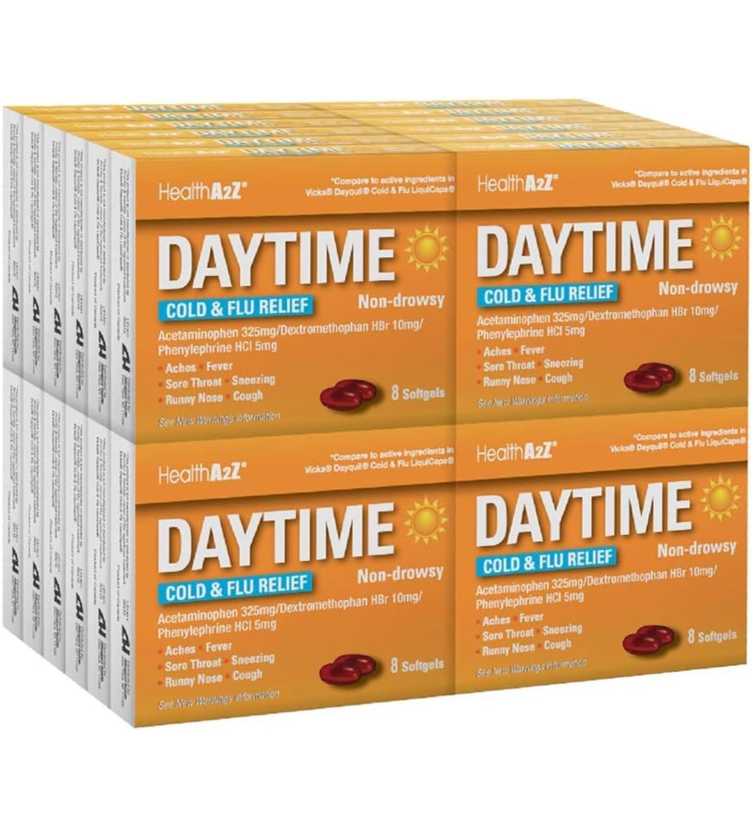 HealthA2Z Daytime | Cold & Flu Medicine | Powerful Multi-Symptom Daytime (8 Softgels) | (Daytime Cold & Flu Medicine (8 Count Pack of 24) | 192 Softgels - Buy Online on GoSupps.com