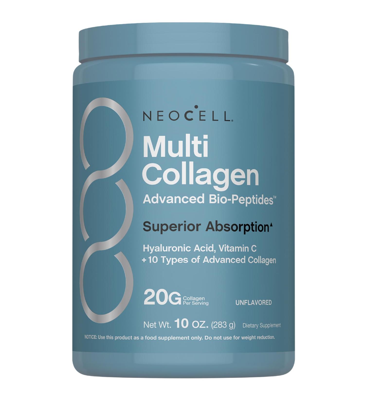NeoCell Multi Collagen Bio-Peptides Powder | 10oz | Advanced with Hyaluronic Acid and Vitamin C | 10 Super Types of Collagen | Superior Absorption | Grassfed Protein Supplement - Buy Online on GoSupps.com