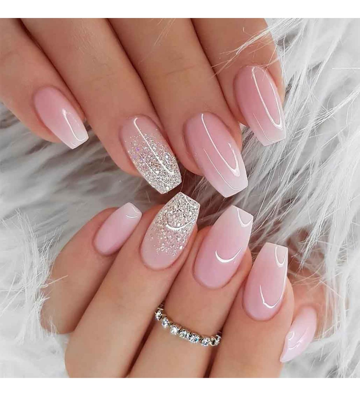 Foccna French Tip Press-On Nails - Medium Gradient Glossy Pink Coffin Nail Tips with Bling | 24PCS Artificial Manicure for Women & Girls - Buy Online on GoSupps.com