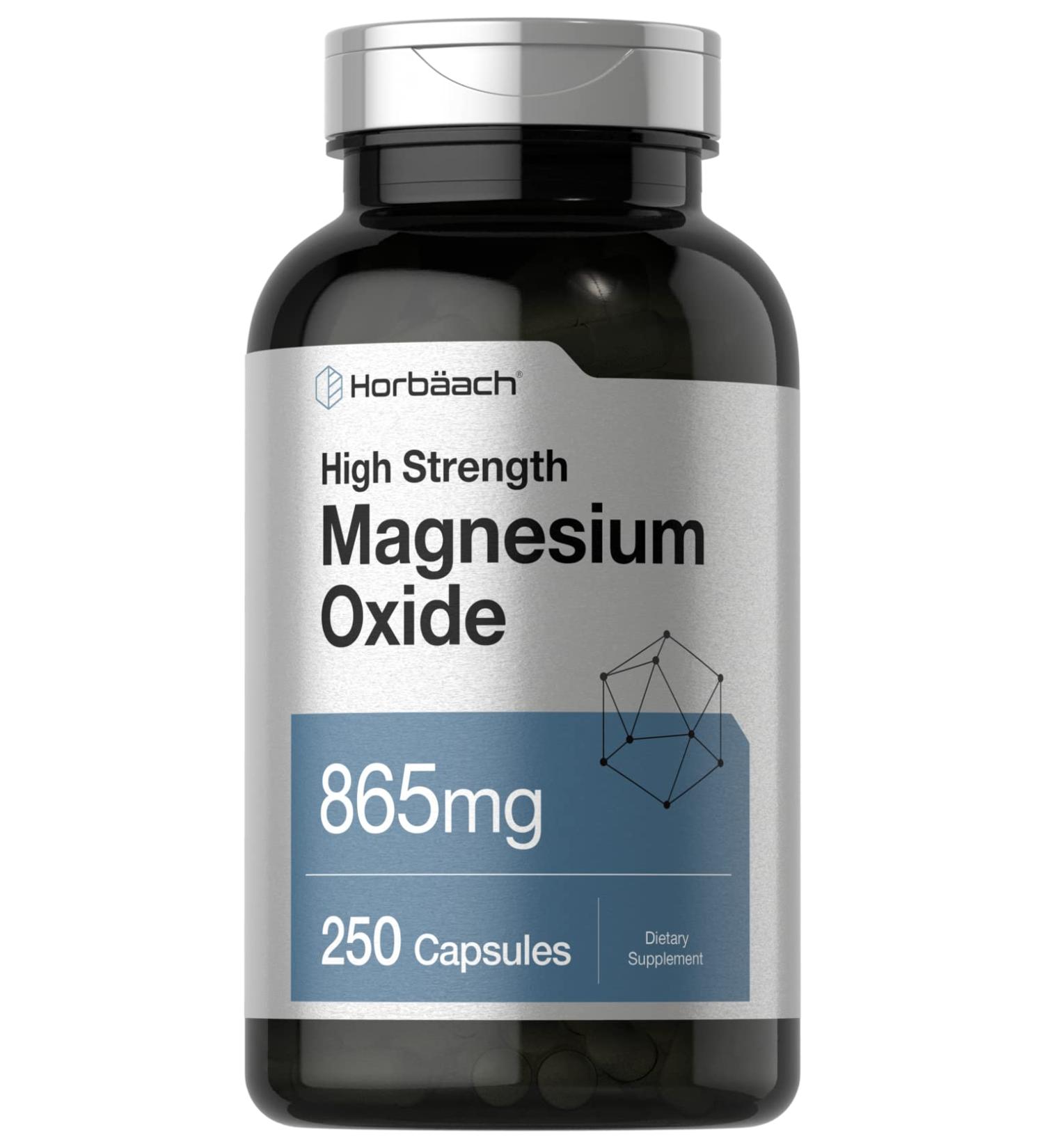 Magnesium Oxide 865mg | 250 Capsules | Non-GMO & Gluten Free Supplement | Horbaach - Buy Online on GoSupps.com